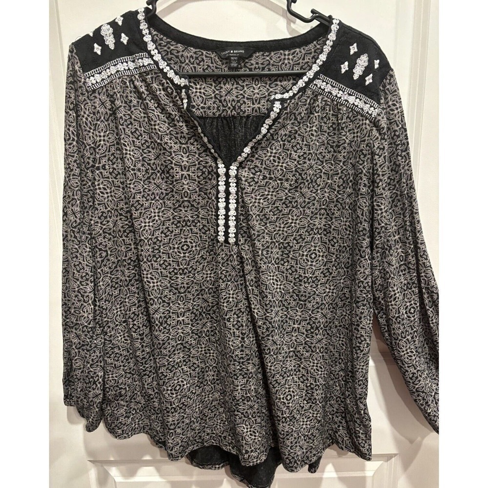 Lucky Brand Women Black White 1X 1XL Top Shirt Cotton Blend | Plus Size | Boho